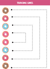 Tracing lines for kids. cute colorful donuts. Writing practice.
