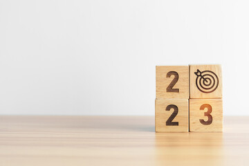 2023 block with dartboard icon. Goal, Target, Resolution, strategy, plan, Action, mission, motivation, and New Year start concepts