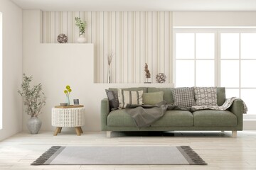 White living room with sofa. Scandinavian interior design. 3D illustration
