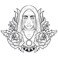 tattoo and t shirt design black and white hand drawn crying nun engraving ornament