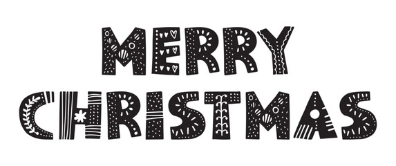 Merry Christmas lettering. Cute typography in scandinavia linocut style. Elements for packaging design, scrapbooking, planners and greeting card