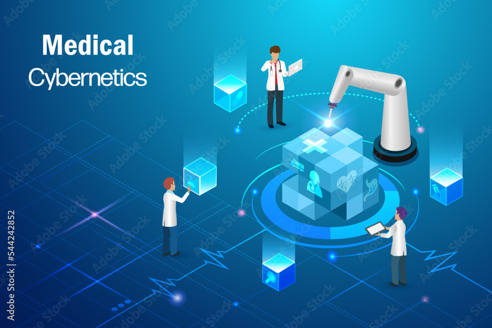 Poster medical cybernetics concept. doctor team and robotics arm manipulating patient data system in block 