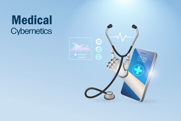 Medical cybernetics concept. Robotics hand holding stethoscope, online consultation, manipulating patient data system. Artificial intelligence in medical and healthcare business futuristic service.