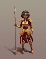 a tanned girl in gold armor with a spear. A young girl with dark hair.