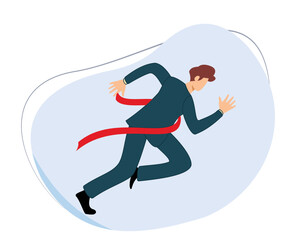 Obraz premium Businessman running across the finish line. managed to achieve the goal. win the competition. flat design vector illustration