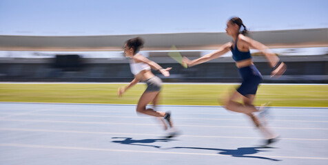Relay race, running and sports women at a stadium for training, energy and workout. Sport, runner...
