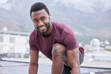 Black man, music earphones and fitness start for exercise, training or workout in Nigeria city for...