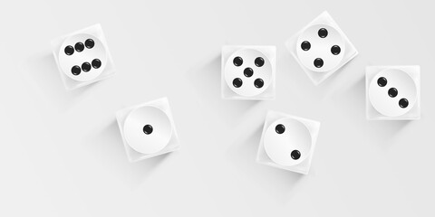 Fototapeta na wymiar Gambling game dice. Realistic set white play dice cubes with black dot isolated on light gray. Objects to play in casino, dice from one to six dots. View from above. Vector illustration