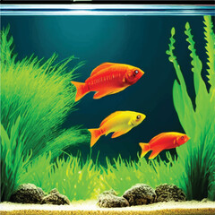 Beautiful fish in the aquarium with nature and grass by water painting.