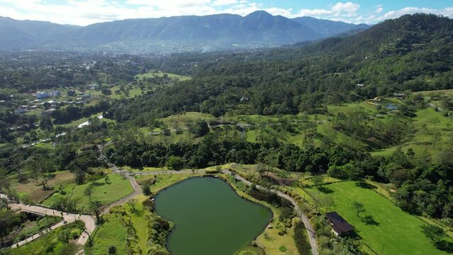Stunning artificial lake with nature and mountains in the background, man made lake