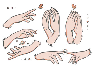 Collection of hands with signatures "touch", "together", "spark". Set with elegant woman Hand gestures. Flat style vector illustration, isolated element. Fingers, palms. For tattoo or sticker set