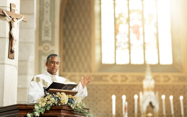 Worship, speech and prayer with priest in church for Christian, God and spiritual faith sermon....