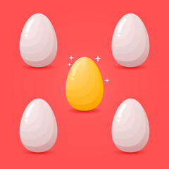 Golden eggs stand out among white eggs on a red background.