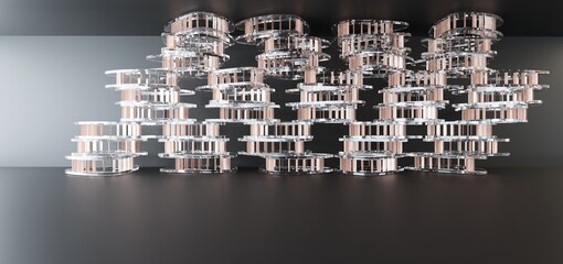 Luxury parametric abstract architectural minimalistic background. Contemporary showroom. Modern black exhibition tunnel. Empty gallery. Stand, table. Interior backlight. 3D illustration and rendering.