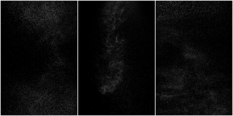 Fototapeta premium Set of distressed white grainy texture. Dust overlay textured. Grain noise particles. Snow effects pack. Rusted black background. Vector illustration, EPS 10. 