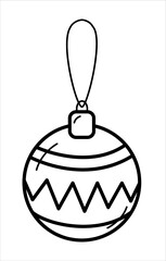 Vector black line illustration of a christmas tree ball round with ornament. Winter, holiday, New Year, Christmas theme. Good for coloring books and web design.