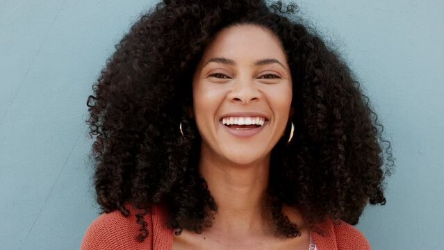 Happy, relax and smile black woman laughing outdoor, cheerful and excited. Portrait of a black female feeling confident and empowered, having fun, relaxing and enjoying freedom with positive mindset
