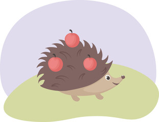 Hedgehog. Cute hedgehog in cartoon style. The hedgehog carries red apples on its back. Side view. Vector illustration