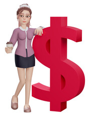 3d render. Businesswoman  with big dollar sign.