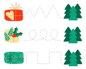 Writing practice for children. draw lines. Worksheet. Cristmas presents. Task, puzzle for a child. Testing, IQ. Children's education. Game form of education. Worksheet for printing. Preparation 