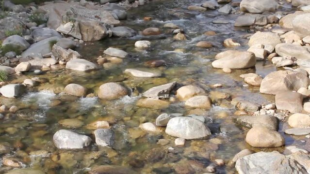 Babbling brook with water flowing over and around a bunch of rocks