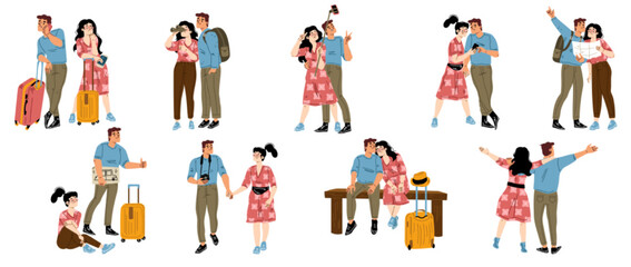Fototapeta na wymiar Set of happy couple traveling together, flat vector illustration on white background. Male and female tourists taking pictures, studying map, enjoying trip, go sightseeing, hitchhiking on vacation