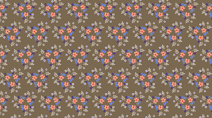 Floral fabric or paper print Spring summer pattern with small bouquets of simple flowers on a grey brown background