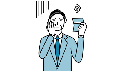 預金通帳を見て落ち込むシニアビジネスマン、経営者・管理職・社長のシンプルな線画イラスト