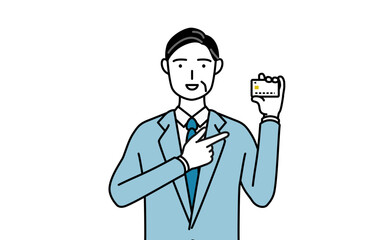 クレジット決済を勧めるシニアビジネスマン、経営者・管理職・社長のシンプルな線画イラスト