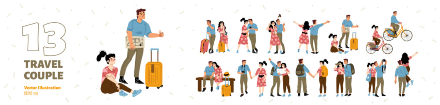 Set of couple travel, young family tourist characters with map, backpacks and suitcase. Man and woman riding bicycle, hiking, making photo on summer vacation, Cartoon linear flat vector illustration