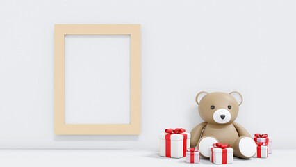 3D illustration rendering of mock up frame hanging on wall. Cute brown teddy bear and gift boxes putting on floor. Design for baby shower.