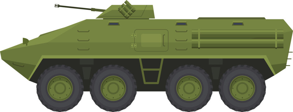 Armored personnel carrier APC green military vehicle side view vector flat illustration BMP