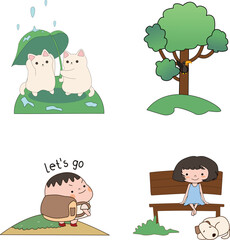 Cute cartoon stickers with cats and boys, girls.