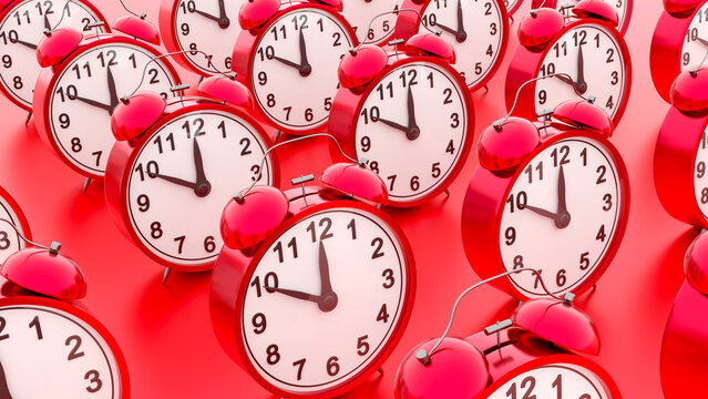 Lots Of Red Alarm Clocks On The Table. Time Management. 3d Illustration