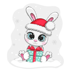 White rabbit in a New Year's hat holds a gift