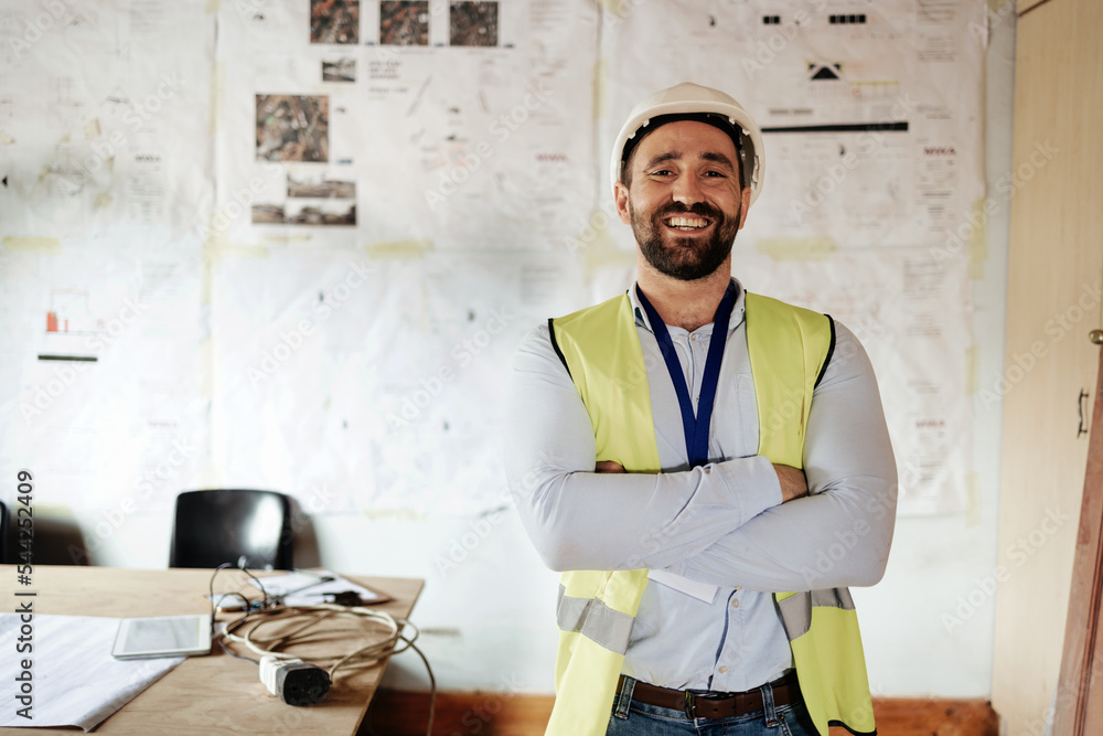 Poster engineer, technician or construction worker happy for working in office for construction, architectu