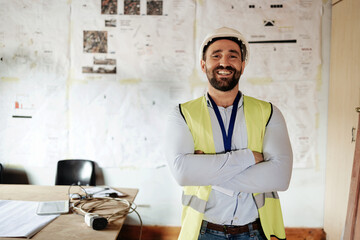 Engineer, technician or construction worker happy for working in office for construction, architecture and building project. Portrait of a manager with smile for vision, goal and career in engineerin - obrazy, fototapety, plakaty