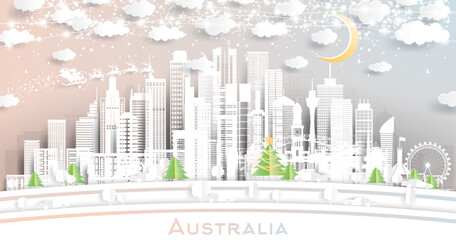 Australia City Skyline in Paper Cut Style with Snowflakes, Moon and Neon Garland. - obrazy, fototapety, plakaty