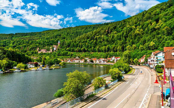 Zwingenberg Village with its castle above the Neckar river in Odenwald - Baden-Wurttemberg, Germany