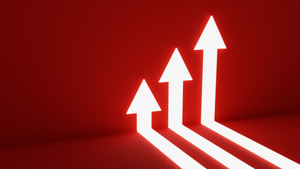 three white arrow going up, 3d rendering