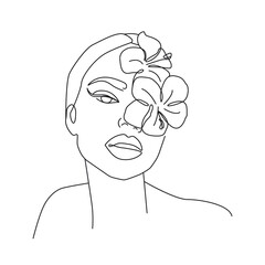 Woman Beauty Face with Flowers One Line Drawing. Female Portrait Minimalist Style. Botanical Nature Trendy Symbol for Cosmetics. Continuous Line Art Fashion Minimal Print. Beauty Logo. Vector EPS 10