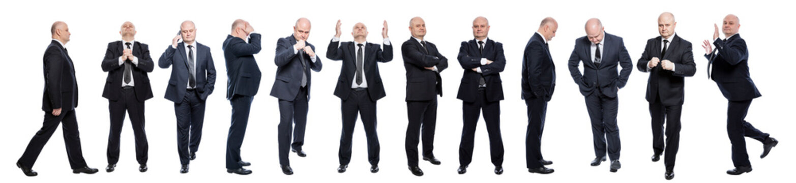 A set of images of a bald man in a black formal suit in various poses. Business, success and failure. Full height. Isolated on white background. Panorama format.