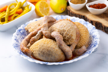 Traditional middle eastern food; stuffed offal, stuffed tripe. Stuffed belly mumbar. Turkish name; karin mumbar dolmasi