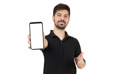Man holding a phone with thumbs up. Young man in a black shirt holding a smartphone with a blank white screen, copy space included, Showing Mobile, advising high-quality finance app, iso