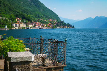 Spectacular view of Lake Como and the Bellagio peninsula visible from the botanical garden of legendary Villa Monastero in Varenna, Province of Lecco, Italy.