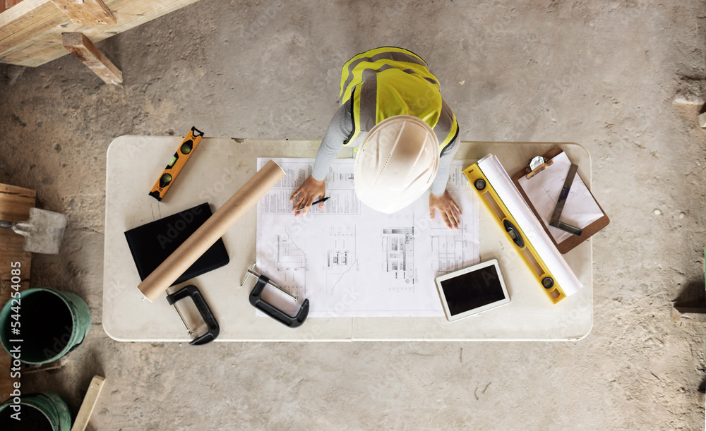 Poster engineering, building and aerial of construction worker with blueprint, tools and digital tablet on 