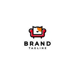 Sofa and Cat Icon Logo Design. Playful Cute Cat And Sofa Icon Logo Design.
