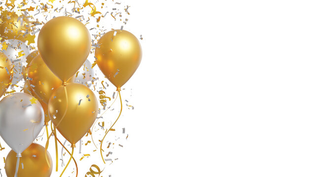 Gold and silver balloons with foil confetti falling on white background 3d render