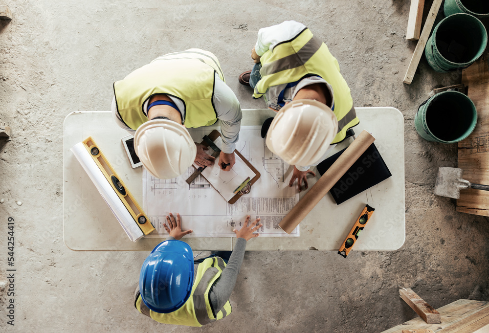 Poster Architect, engineer and teamwork with blueprint from above on a building or contractor project. Building, construction team and architecture design sketch with people planning a renovation project