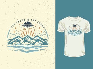 Ufo flying on the mountain vintage illustration © krizvector